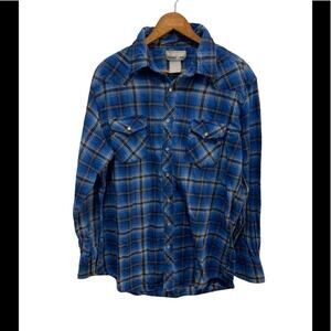 Vintge wrangle western wear cowboy blue plaid flannel shirt w pearl buttons. S L